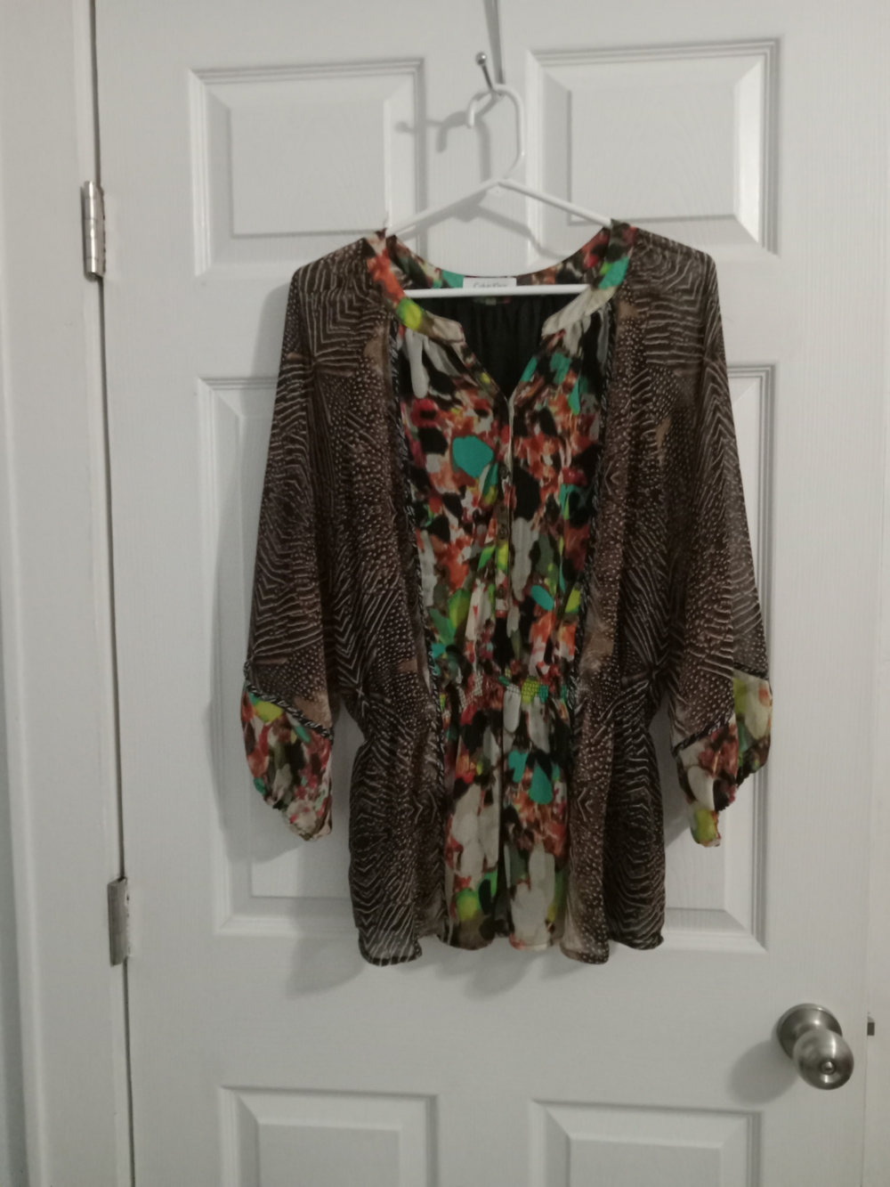 Calvin Klein Floral Multicolor Sheer Blouse with Brown Patterned Overlay